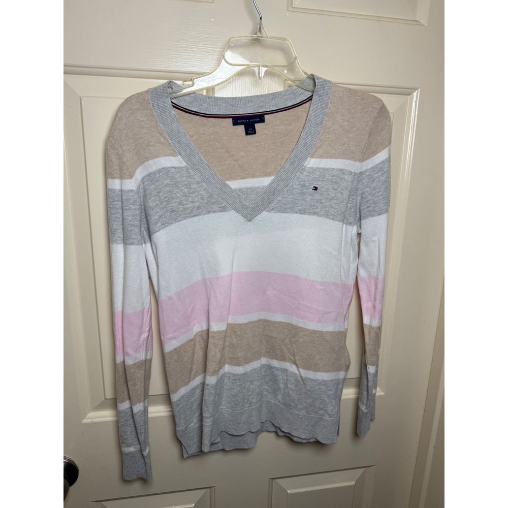 Tommy Hilfiger Womens V-Neck Striped Cotton Sweater